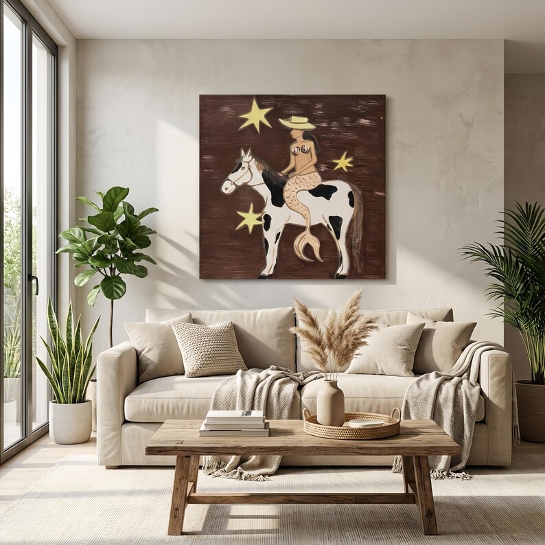 Folk Art Mermaid Riding Horse Painting, Whimsical Coastal Cowgirl Wall Art, Rustic Western Room Decor, Surreal Animal Canvas Fine Wall Art