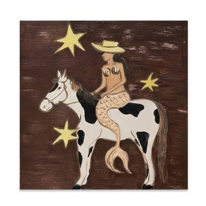 Folk Art Mermaid Riding Horse Painting, Whimsical Coastal Cowgirl Wall Art, Rustic Western Room Decor, Surreal Animal Canvas Fine Wall Art