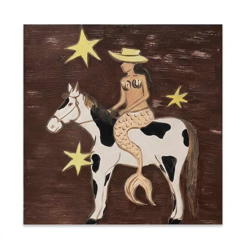 Folk Art Mermaid Riding Horse Painting, Whimsical Coastal Cowgirl Wall Art, Rustic Western Room Decor, Surreal Animal Canvas Fine Wall Art