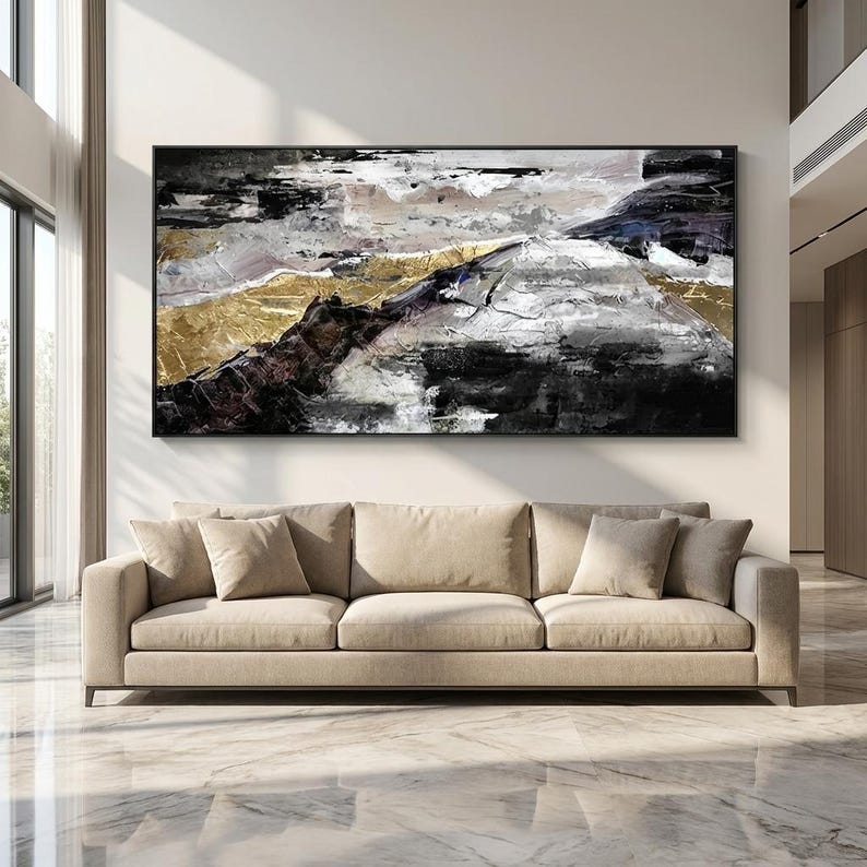 Black and Gold Abstract Painting, Panoramic Textured Canvas Art, Modern ...