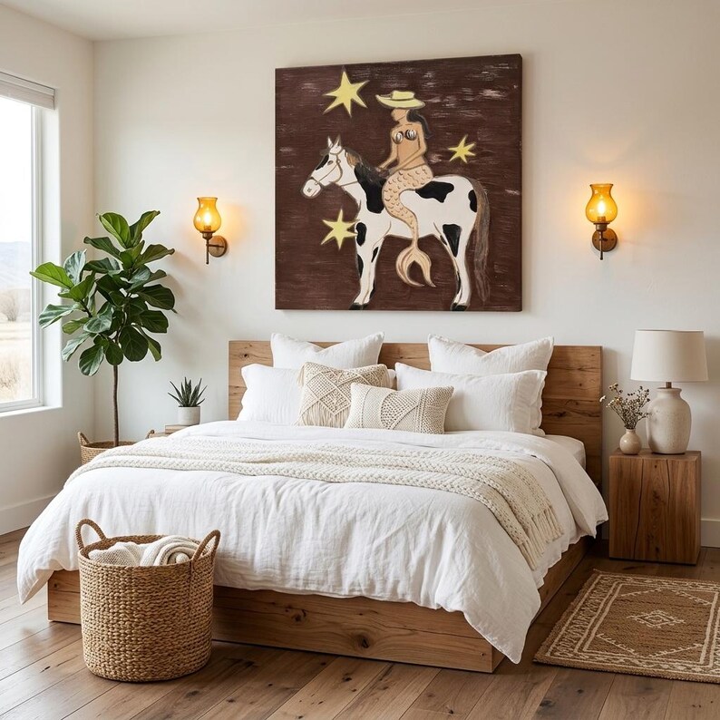 Folk Art Mermaid Riding Horse Painting, Whimsical Coastal Cowgirl Wall Art, Rustic Western Room Decor, Surreal Animal Canvas Fine Wall Art