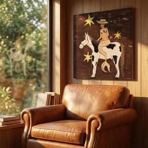 Folk Art Mermaid Riding Horse Painting, Whimsical Coastal Cowgirl Wall Art, Rustic Western Room Decor, Surreal Animal Canvas Fine Wall Art