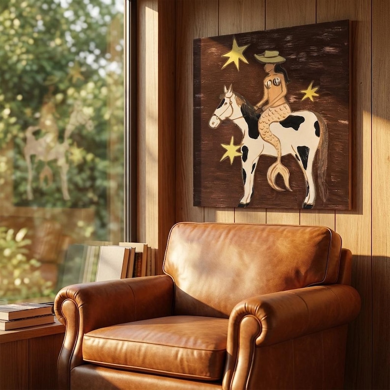 Folk Art Mermaid Riding Horse Painting, Whimsical Coastal Cowgirl Wall Art, Rustic Western Room Decor, Surreal Animal Canvas Fine Wall Art