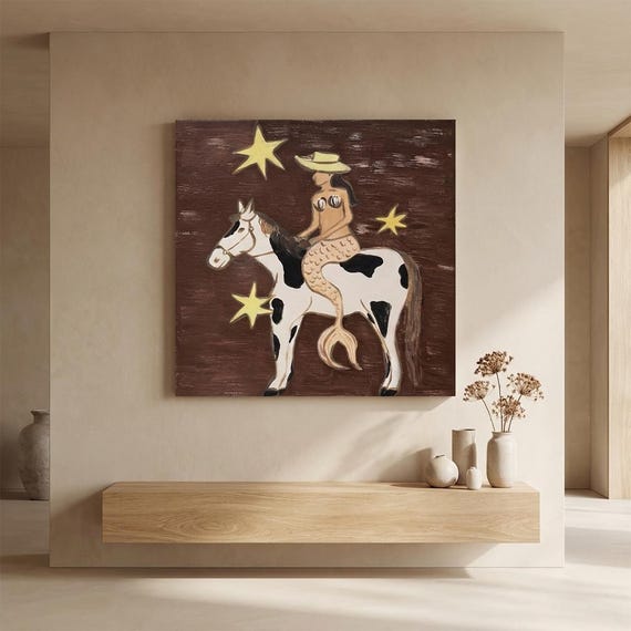 Folk Art Mermaid Riding Horse Painting, Whimsical Coastal Cowgirl Wall Art, Rustic Western Room Decor, Surreal Animal Canvas Fine Wall Art