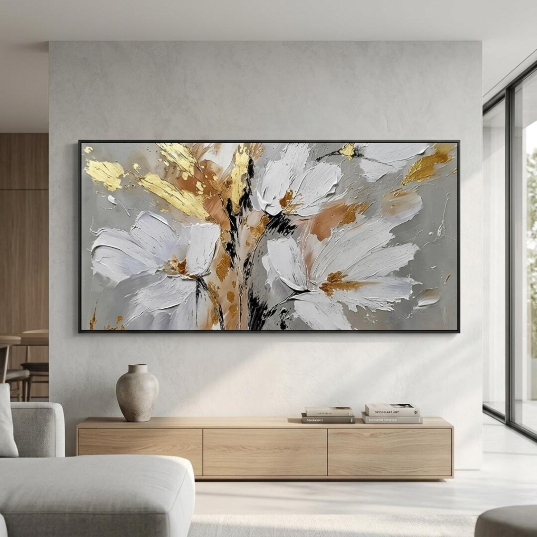 Abstract White Floral Oil Painting, Gold Leaf Canvas Wall Art, Heavy ...