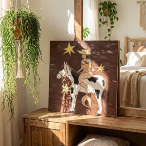 Folk Art Mermaid Riding Horse Painting, Whimsical Coastal Cowgirl Wall Art, Rustic Western Room Decor, Surreal Animal Canvas Fine Wall Art