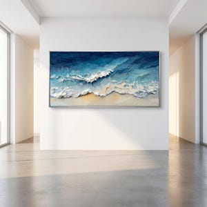 Large Ocean Wave Painting, Textured Coastal Wall Art, Heavy Impasto Beach Canvas, Modern Navy Blue Sea Scenery Decor, Sea Wall Art