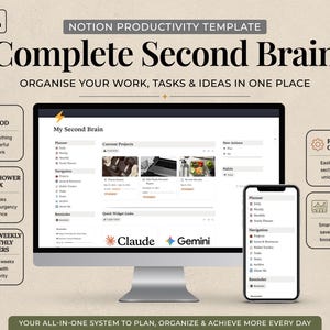 May include: A digital product template for Notion, titled "Complete Second Brain." The image shows a computer monitor and a smartphone displaying the template's interface. Features include PARA method, Eisenhower matrix, and daily, weekly, and monthly planners. The template is fully customizable.