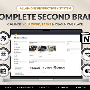 Notion Second Brain Template, Productivity System, Task Tracker, PARA Method Planner