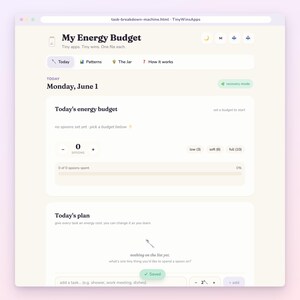 Close-up of the energy budget app interface showing a list of tasks with spoon costs next to a visual bar of remaining energy.