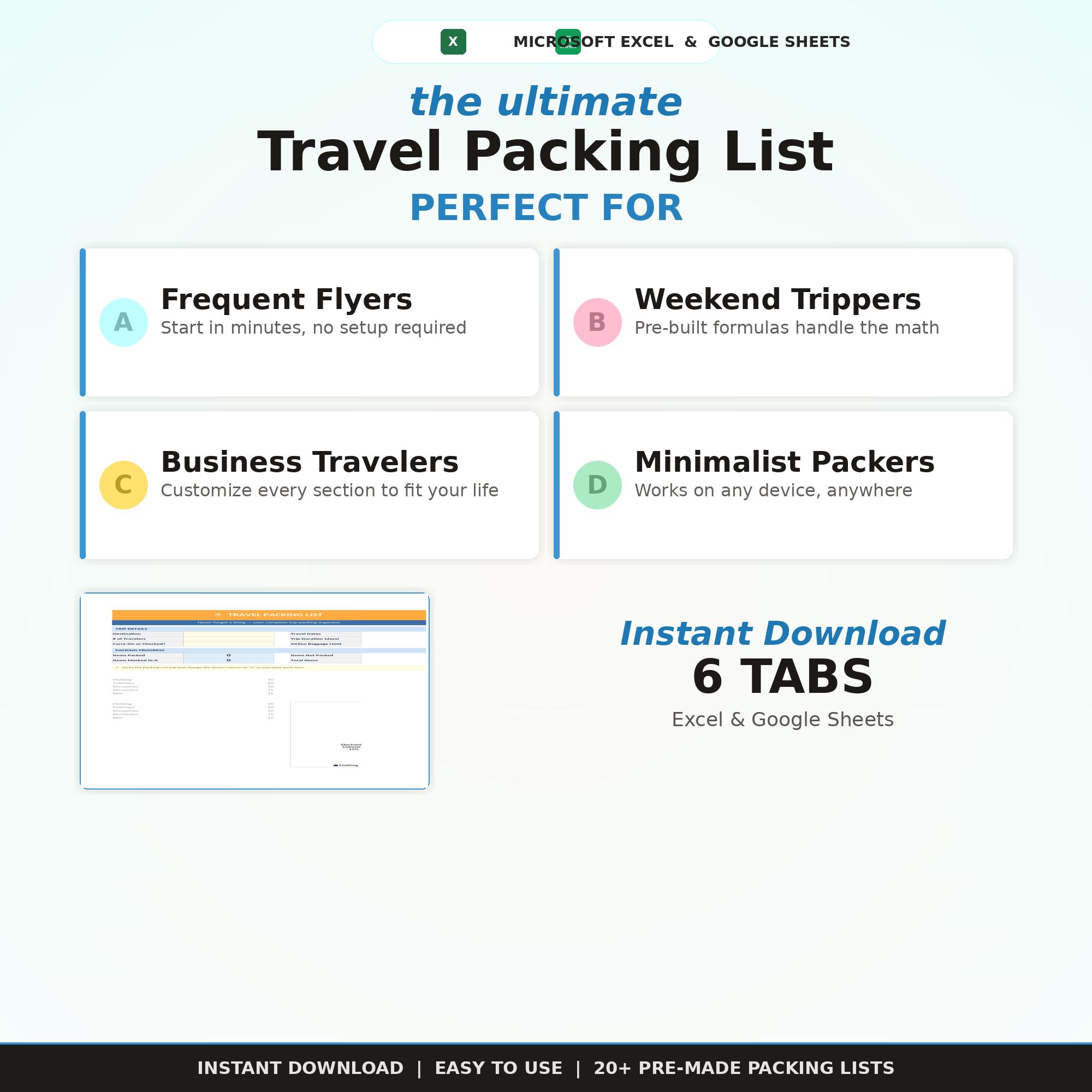 Travel Packing List Excel Template | Checklist Organizer by Category ...