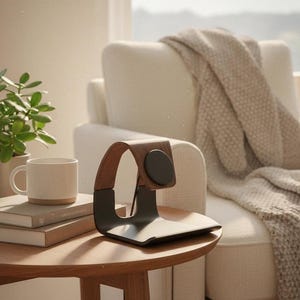 May include: A charging stand featuring a curved wooden top piece and a matte black base with a circular magnetic charging pad. The stand is positioned on a wooden table next to a stack of two books and a white ceramic mug with a light brown base.