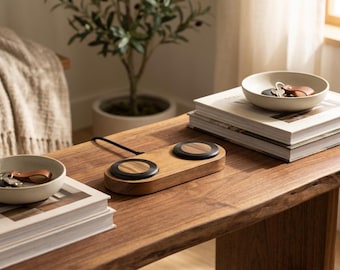 MagSafe Charger Stand | Dual 30W Solid Black Walnut Wireless Dock | Luxury Wooden Desk Accessory