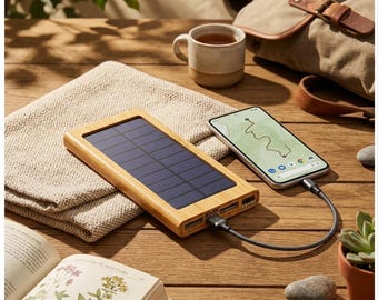 Solar Power Bank 30000mAh | Bamboo Wood Grain Charging Station | 20000mAh 30000mAh | Travel Essentials | Camping Gear | Fast Charging PD