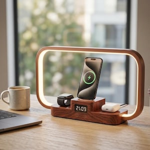 May include: A wooden multi-device charging station with a built-in LED lamp frame, a digital clock display showing 21:09, and wireless charging pads for a smartphone, a smartwatch, and wireless earbuds, featuring a dark wood grain finish.