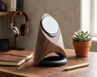 Hölzerner MagSafe Ladestation, Vertikales Landschafts iPhone Dock, Naturholz Schreibtischzubehör