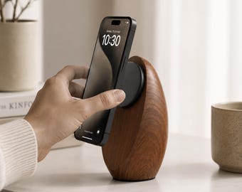 Cargador MagSafe de madera / Estación de carga inalámbrica magnética para iPhone / Decoración de escritorio escultural / Soporte para reloj de mesilla de noche / Regalo tecnológico