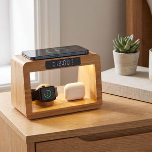 May include: A rectangular bamboo charging station with a built-in digital clock displaying 12:00. The top surface supports a smartphone, while the interior space holds a smartwatch on a circular stand and white wireless earbuds in a case.