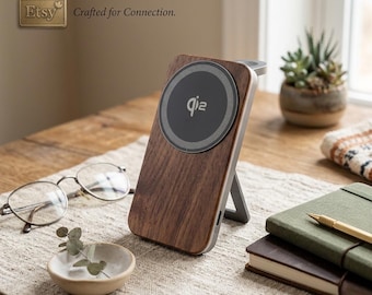 Supporto di ricarica Qi2 MagSafe in legno massello / Dock 3 in 1 per Apple Watch, pieghevole in lega, ideale per i viaggi.