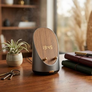 Wooden Wireless Charging Stand with Alarm Clock & Bluetooth Speaker | 15W MagSafe Charger for iPhone