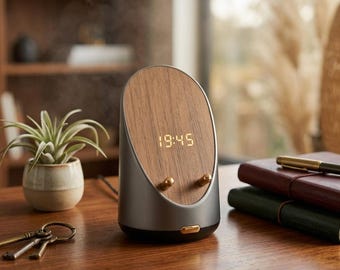 Wooden Wireless Charging Stand with Alarm Clock & Bluetooth Speaker | 15W MagSafe Charger for iPhone