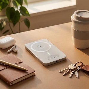 以下が含まれることがあります： 白いワイヤレス充電器、白いイヤホン、金色のペンが付いた茶色の革製ノート、ベージュのトラベルマグ、革製のキーホルダーが付いたキーセットが、明るい茶色の表面に配置されています。