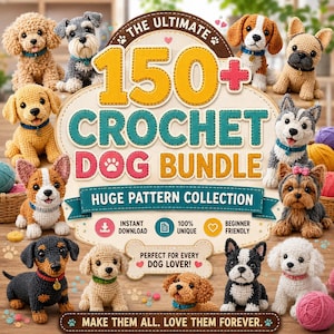 Pacchetto PDF con oltre 150 modelli di cani all'uncinetto, collezione di tutorial per cuccioli amigurumi, modelli di animali all'uncinetto, peluche fai da te di razze canine, download immediato.