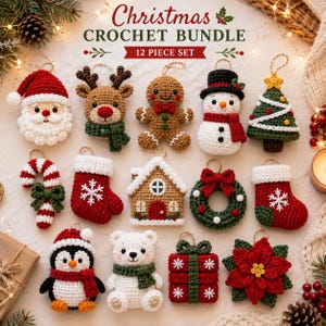May include: A 12-piece Christmas crochet bundle featuring ornaments of Santa Claus, a reindeer, a gingerbread person, a snowman, a Christmas tree, a candy cane, two stockings, a house, a wreath, a penguin, a polar bear, a gift, and a poinsettia.