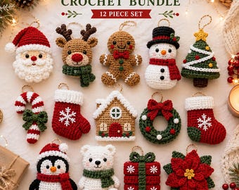 May include: A 12-piece Christmas crochet bundle featuring ornaments of Santa Claus, a reindeer, a gingerbread person, a snowman, a Christmas tree, a candy cane, two stockings, a house, a wreath, a penguin, a polar bear, a gift, and a poinsettia.