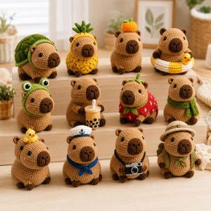 May include: A collection of twelve small, crocheted capybara figurines arranged on a tiered wooden display. Each capybara features unique accessories, including a turtle shell, pineapple costume, orange hat, swim ring, frog hood, boba tea, strawberry outfit, green scarf, yellow chick, sailor hat, camera, and explorer gear.