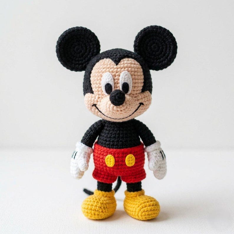 May include: A crochet amigurumi doll of Mickey Mouse featuring a black head with large round ears, a beige face, white oval eyes, and a black nose. The body has a black torso, white gloves, red shorts with two yellow buttons, and yellow shoes.