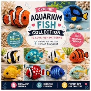 Könnte beinhalten: Ein digitales PDF-Muster für eine Häkel-Aquarium-Fisch-Kollektion mit 10 Fischdesigns. Das Bild zeigt verschiedene bunte gehäkelte Fische, darunter orange-weiße Clownfische, Doktorfische und gestreifte Fische, mit Textbeschriftungen für Anleitungen.