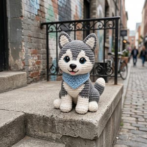 Pode incluir: Um c&atilde;o husky de croch&ecirc;, com fios cinza e branco, olhos azuis e uma bandana azul. O brinquedo de pel&uacute;cia feito &agrave; m&atilde;o est&aacute; sentado em um degrau de concreto. O fundo inclui uma parede de tijolos, uma grade de metal preta e uma rua de paralelep&iacute;pedos.