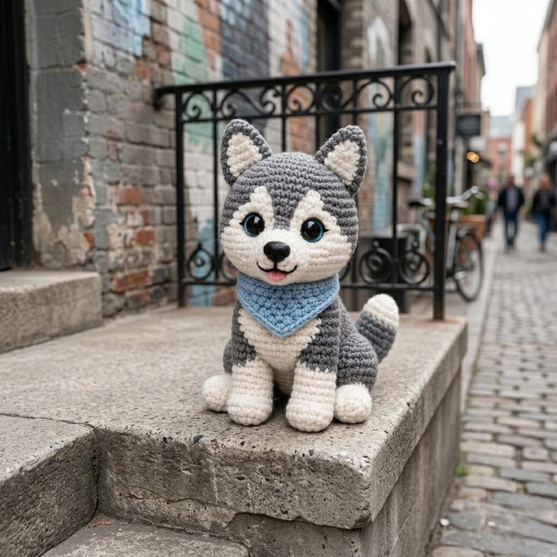 Pode incluir: Um c&atilde;o husky de croch&ecirc;, com fios cinza e branco, olhos azuis e uma bandana azul. O brinquedo de pel&uacute;cia feito &agrave; m&atilde;o est&aacute; sentado em um degrau de concreto. O fundo inclui uma parede de tijolos, uma grade de metal preta e uma rua de paralelep&iacute;pedos.