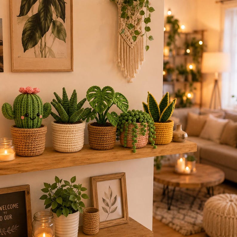 May include: A collection of five crocheted potted plants arranged on a wooden shelf. The set includes a green cactus with a pink flower, a spiky succulent, a monstera plant, a string of pearls, and a snake plant, all in textured yarn pots.