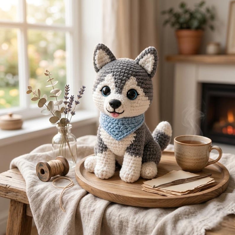 Pode incluir: Um c&atilde;o husky de croch&ecirc; com detalhes cinza, branco e azul est&aacute; sentado em uma bandeja de madeira. O c&atilde;o tem olhos azuis grandes e uma bandana azul. Uma x&iacute;cara de ch&aacute;, um carretel de linha e um vaso de flores tamb&eacute;m est&atilde;o na mesa.