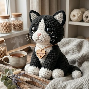 May include: A handmade crochet cat in black and white with a pink nose and large, expressive eyes. The cat wears a wooden heart pendant that says "AmiPurr". It sits on a blanket next to a cup of tea and a wooden tray.
