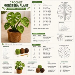 May include: A crochet pattern document for a Monstera plant, featuring a photo of a green crocheted Monstera in a brown pot, detailed stitch tables for leaves, stems, and the pot, diagrams, material lists, and assembly instructions in English.