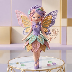 Peut inclure: Une poupée fée au crochet faite à la main, avec un corsage violet et une jupe de pétales en forme de feuilles superposées aux couleurs pastel. La poupée a de grandes ailes détaillées, une couronne de fleurs et tient une baguette délicate. La poupée est posée sur une table.