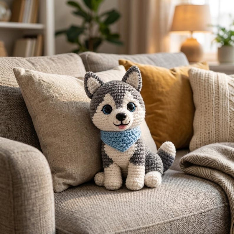 Pode incluir: Um c&atilde;o husky de croch&ecirc; feito &agrave; m&atilde;o, com fio cinza, branco e preto. O c&atilde;o tem olhos azuis e uma bandana azul. Est&aacute; sentado em um sof&aacute; cinza com almofadas bege e amarelas.