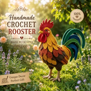 May include: A handmade crochet rooster featuring a vibrant red comb and wattle, a yellow and orange feathered neck, and a brown body with long, flowing green and blue tail feathers. Text reads: Handmade CROCHET ROOSTER MADE WITH LOVE, 100% HANDMADE.