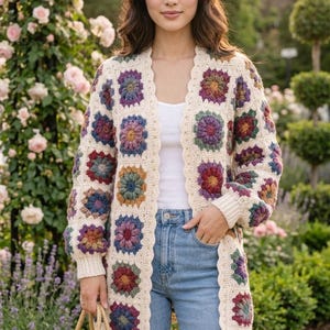Granny Square Cardigan Crochet Pattern PDF | Boho Flower Hexagon Sweater Pattern | Vintage Crochet Jacket | Easy Instant Download Beginner