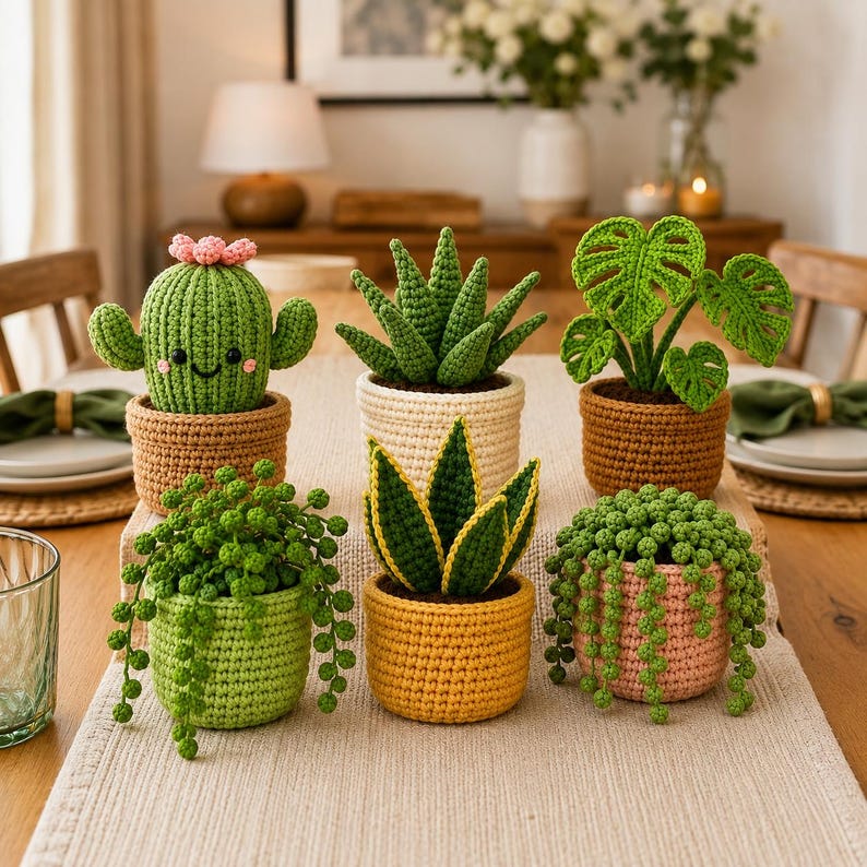 May include: A collection of six crocheted potted plants arranged on a table. The set includes a smiling cactus with pink flowers, a spiky succulent, a monstera, a snake plant, and two hanging string of pearls plants in various colored pots.