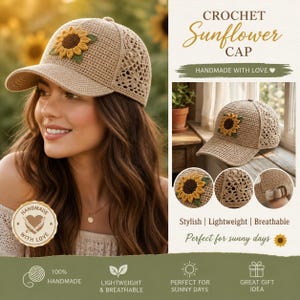 May include: A beige crochet baseball cap featuring a prominent sunflower applique on the front panel. The cap includes a structured brim and intricate openwork crochet detailing on the side panels, finished with an adjustable metal buckle strap.
