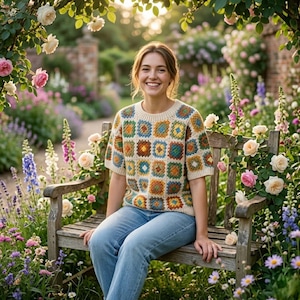 Könnte beinhalten: Ein kurzärmliger Häkelpullover mit quadratischem Muster in Blau-, Orange-, Grün- und Gelbtönen. Der Pullover wird mit einer blauen Jeans kombiniert. Der Hintergrund zeigt einen Garten mit Blumen und einer Holzbank.