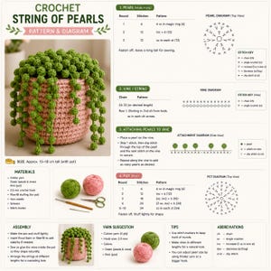 May include: A crochet pattern for a string of pearls plant in a pink pot. The document includes diagrams, stitch keys, and instructions for creating green pearl vines and a pink pot. It lists materials like cotton yarn and a 2.5 mm crochet hook.