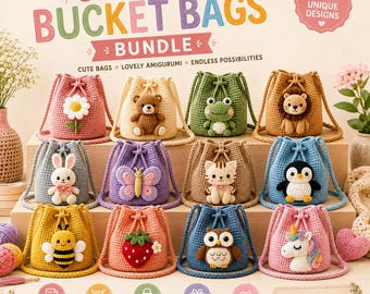 May include: A collection of 14 crochet bucket bags featuring various animal and nature designs including a daisy, bear, frog, lion, rabbit, butterfly, cat, penguin, bee, strawberry, owl, and unicorn, with text reading Crochet BUCKET BAGS BUNDLE.