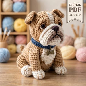 Op de afbeelding: Een gehaakt bulldog-figuurtje van beige en wit garen, met een donkerblauwe halsband en een kleine botvormige metalen hanger. De tekst DIGITAL PDF PATTERN staat in een banner rechtsboven, wat duidt op een digitaal patroon voor handwerk.