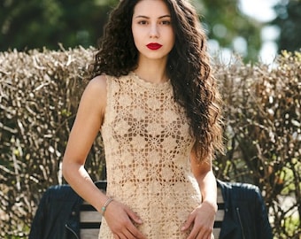 Handmade Crochet Lace Top, Boho Floral Knitted Summer Vest, Aesthetic Sleeveless Blouse for Women, Festival Beachwear Cover Up, Beige
