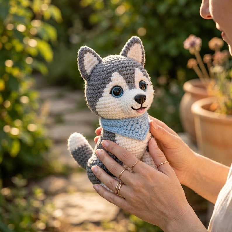 Pode incluir: Um brinquedo de cachorro husky de croch&ecirc; feito &agrave; m&atilde;o com fios cinza, branco e preto. O cachorro tem olhos azuis e uma bandana azul clara. O brinquedo &eacute; segurado nas m&atilde;os de algu&eacute;m contra um fundo desfocado ao ar livre.